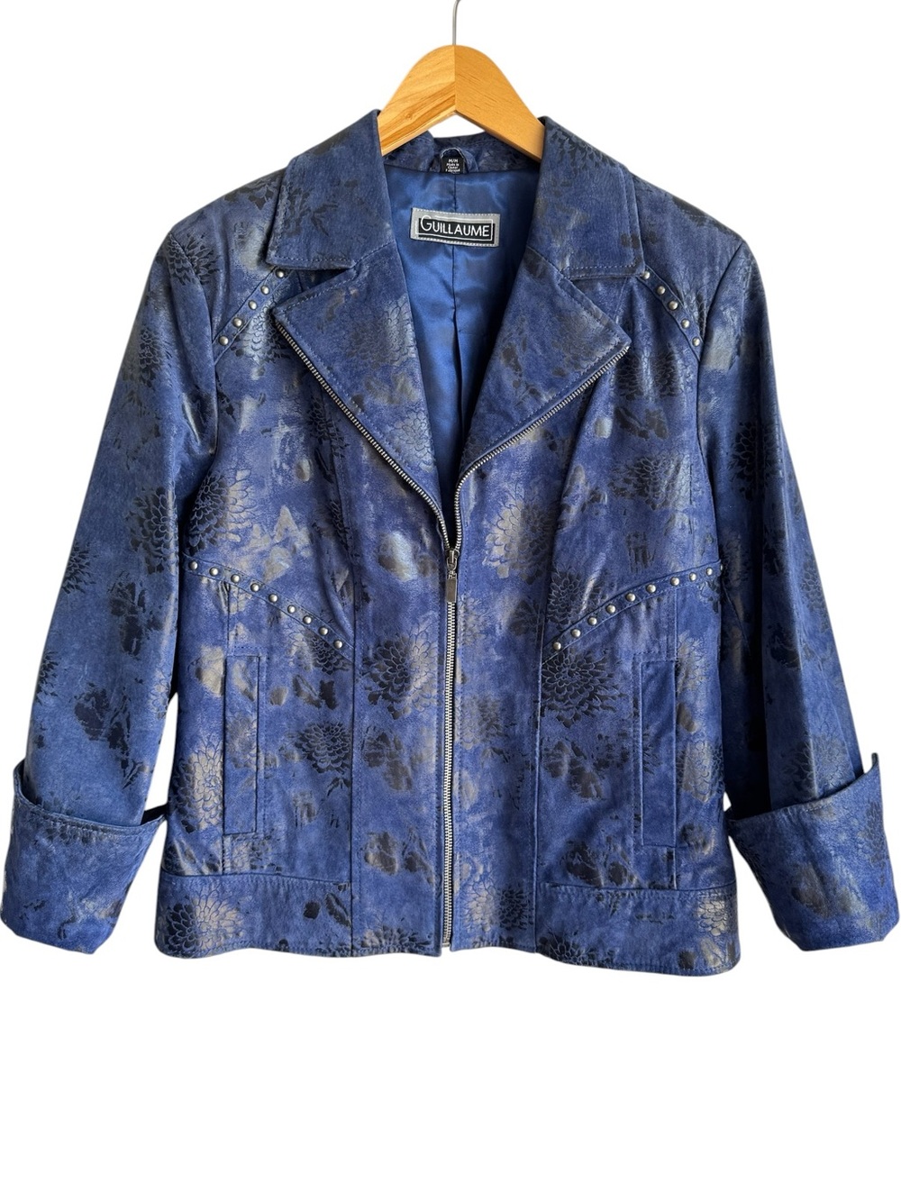Guillaume Floral Leather Jacket Sz M Blue Full Zip Artsy Statement Coat Fall EUC